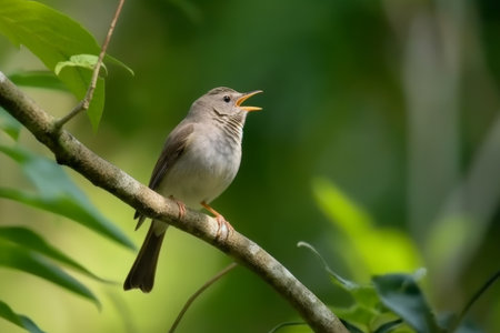 A little bird is sitting on a branch and looking at the camera.の素材