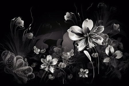 Black and white floral background with lilies and daisies.の素材