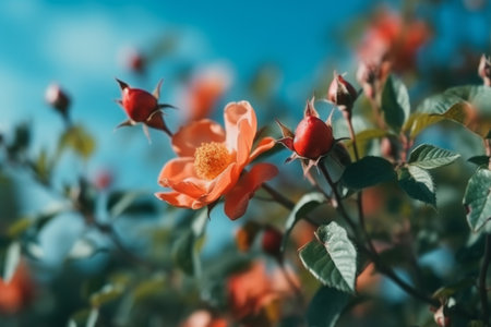 Branch of wild rose with red flowers on blue sky background.の素材