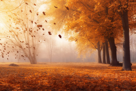Autumn landscape with fog in the park. Beautiful autumn landscape.の素材