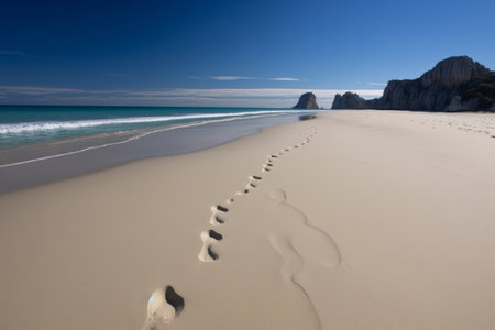 Footprints in the sand on the beach of Porto Moniz, Portugalの素材
