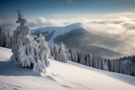 Fantastic winter landscape. Dramatic wintry scene. Carpathian, Ukraine, Europe. Beauty world.の素材