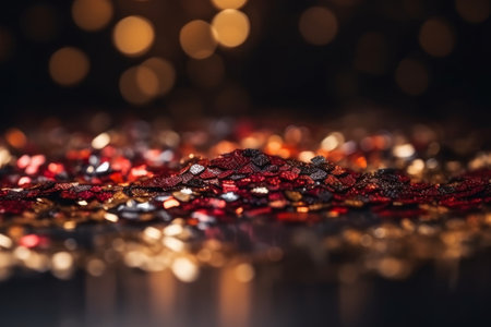 Red and gold sequins on a black background with bokeh.の素材