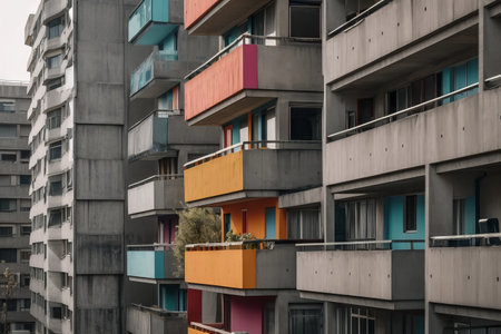 Colorful balconies in a modern residential building in Hong Kong.の素材
