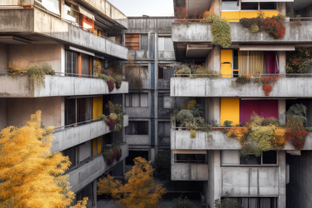 Modern apartment building with yellow and red balconies in the city.の素材