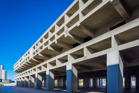 Exterior view of a modern building with blue sky in the backgroundの素材