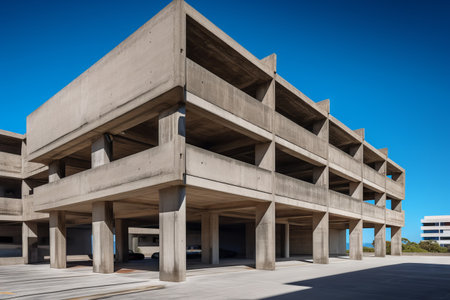 Exterior view of a modern office building with blue sky background.の素材