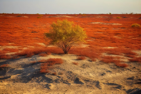 A lonely tree in the middle of a red dune in the desertの素材