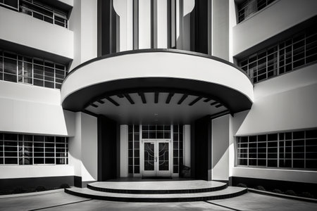 Exterior of a modern office building. Architectural detail. Black and white.の素材