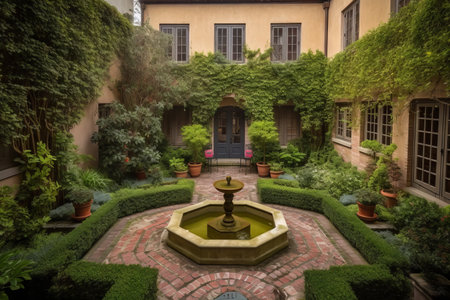 The courtyard of the old house with a fountain in the garden.の素材