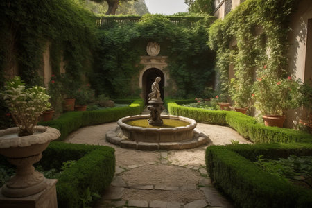 Luxury garden with a fountain and a statue in the middleの素材