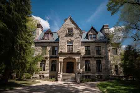 Vintage stone house in the park with blue sky and green treesの素材