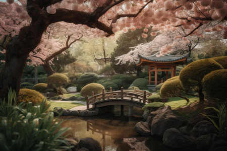 Beautiful Japanese garden with cherry blossom in spring, vintage styleの素材