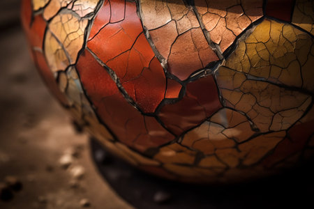 Close up shot of a clay pot with orange and red color.の素材