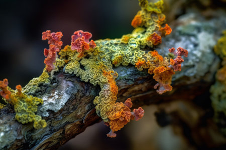 Close up of lichen on a tree branch in the forest.の素材