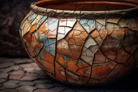 Close up view of an old clay pot with cracked paint, selective focusの素材