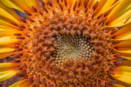 Close up of a sunflower with shallow depth of field and selective focusの素材