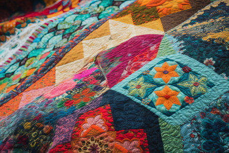 Close up detail of a colorful patchwork quilt in a patchwork marketの素材