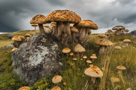 Mushrooms growing on a rock in the highlands of Scotlandの素材