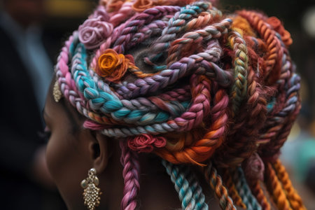 Colorful braids on the head of a woman in a market.の素材