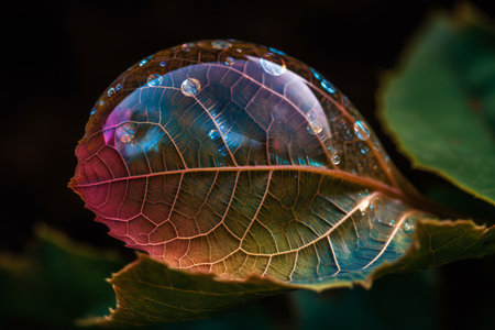 Water drops on a leaf. Macro shot. Selective focus.の素材