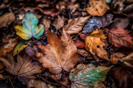 Fallen autumn leaves on the ground in the forest. Autumn backgroundの素材