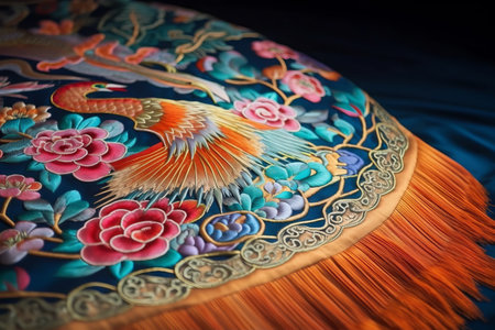 Close up of traditional Thai style handcraft embroidery on fabric.の素材