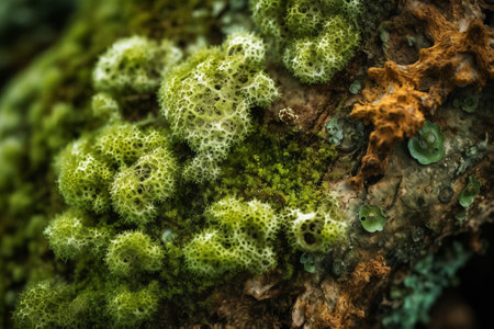 Close up of green moss growing on a tree. Selective focus.の素材