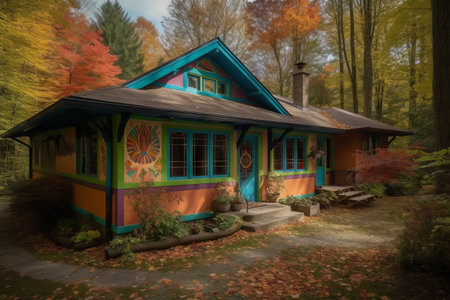 Colorful wooden cottage in the autumn forest, 3D illustration.の素材