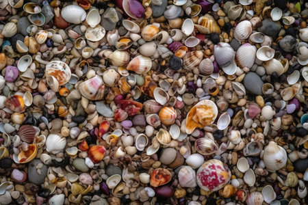 Colorful seashells on the beach, closeup of photoの素材