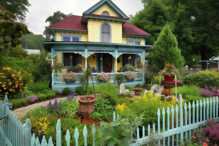 Beautiful country house in a garden in California, USA. Summer season.の素材