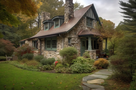 A view of a beautiful house in the fall season in Georgia.の素材