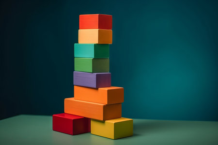 Stack of colorful wooden toy cubes on blue background. 3d renderingの素材
