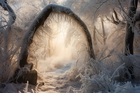 Winter landscape. Frosty morning in the forest. Trees in hoarfrost.の素材