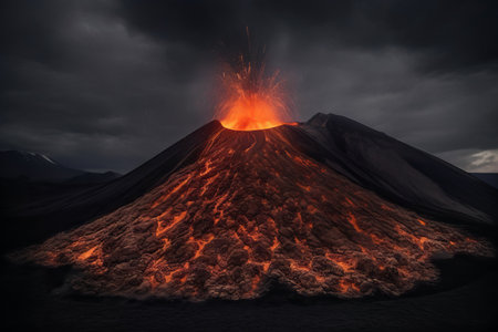 Volcano eruption with lava and ash on the surface. 3d renderingの素材