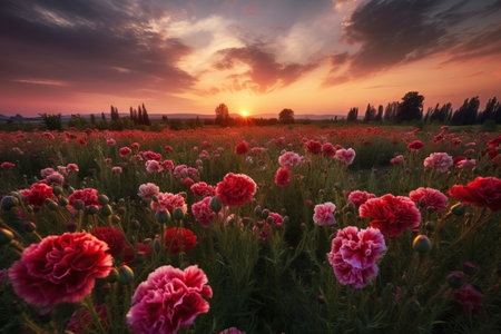 Sunset over a field of poppies. Tuscany, Italyの素材