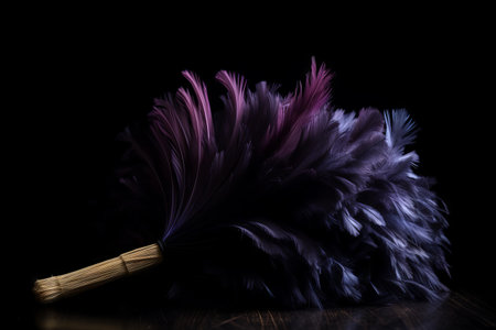 Close up of a broomstick with feathers on a black background.の素材