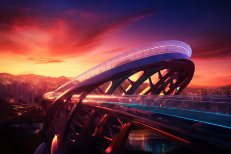 Cityscape of modern city with bridge over the river at sunset.の素材