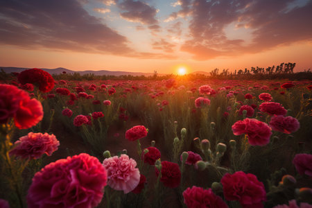 Poppies field at sunset. Beautiful landscape with blooming poppies.の素材