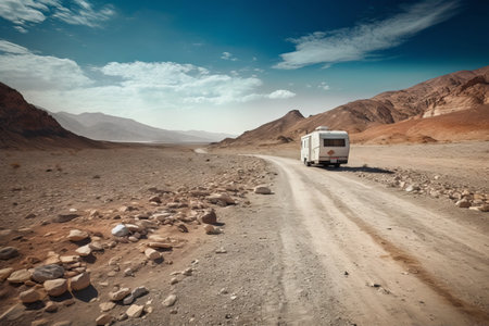 Camper on the road in the middle of the desert, Israelの素材