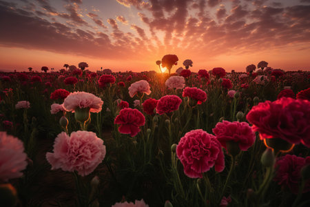 Sunset over a field of red and white flowers. Beautiful summer landscape.の素材