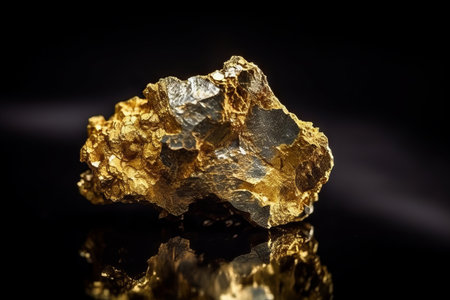 Gold nugget on a black background with reflection. Macro.の素材