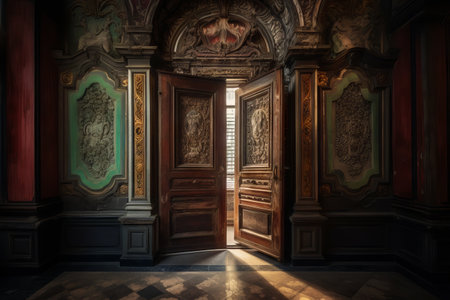 The interior of an old mansion with wooden doors. 3d renderingの素材