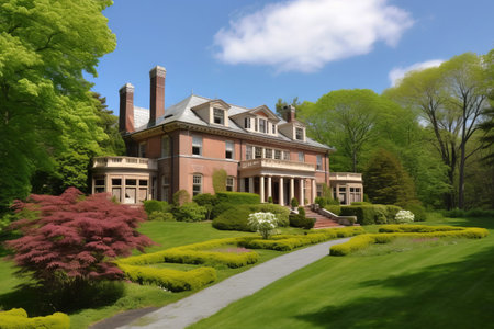 Luxury mansion in the spring garden, with beautiful landscapingの素材