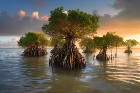 Mangrove trees in the sea at sunset. Nature composition.の素材