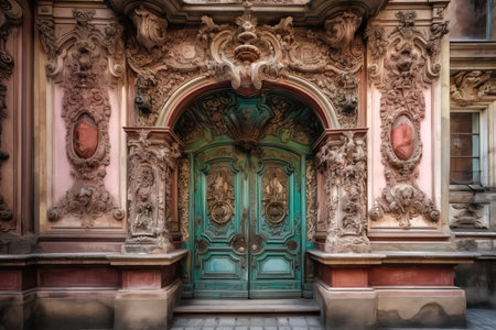 Old wooden door in Prague, Czech Republic. Architectural detail.の素材