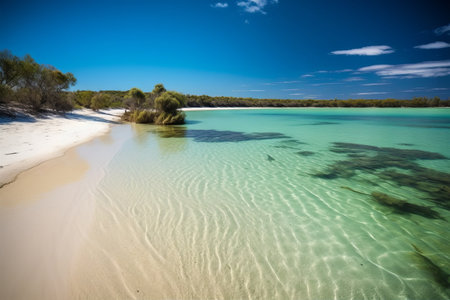 Beautiful sandy beach with turquoise water and blue sky.の素材