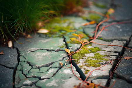 Cracks in the ground and green grass. Shallow depth of field.の素材