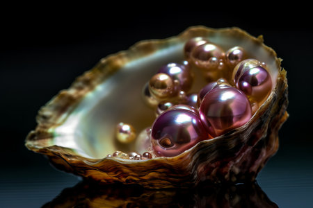 Beautiful pearls in an oyster shell on a black backgroundの素材