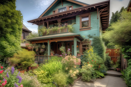 Beautiful view of old wooden house in the garden. Vintage styleの素材
